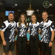 Load image into Gallery viewer, Pool team wearing matching funny 8 ball billiard jerseys during league play front view.