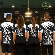 Load image into Gallery viewer, Back view of pool players wearing funny billiard shirts in a game room.
