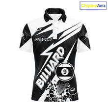 Load image into Gallery viewer, Men’s funny black and white 9 ball pool polo shirt with playful billiard team graphics.