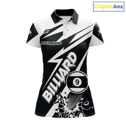 Women’s funny black and white 9 ball pool polo shirt with playful billiard team graphics.