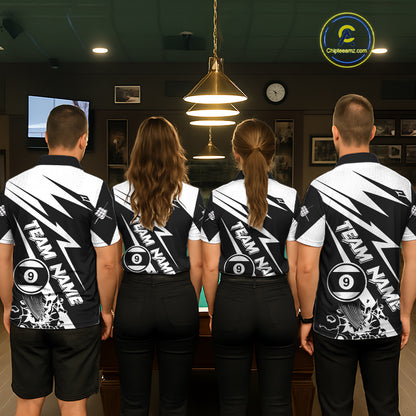 Back view of pool players wearing funny billiard shirts in a game room.