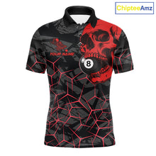 Load image into Gallery viewer, Men’s red skull 8 ball pool polo shirt with bold billiard graphics for league and tournament play.