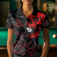 Load image into Gallery viewer, Woman wearing a red skull billiard jersey beside a pool table front view.