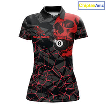 Load image into Gallery viewer, Women’s red skull 8 ball pool polo shirt with bold billiard graphics for league and tournament play.