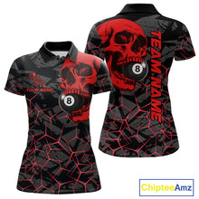 Load image into Gallery viewer, Women’s red skull 8 ball pool polo shirt with bold billiard graphics for league and tournament play.