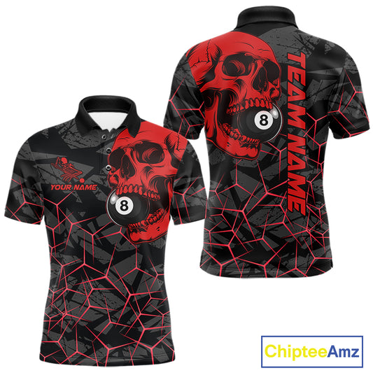 Men’s red skull 8 ball pool polo shirt with bold billiard graphics for league and tournament play.