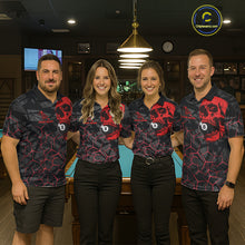 Load image into Gallery viewer, Pool team wearing matching red skull billiard jerseys during league play front view.