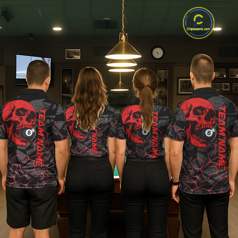 Back view of pool players wearing custom red skull billiard shirts in a game room.