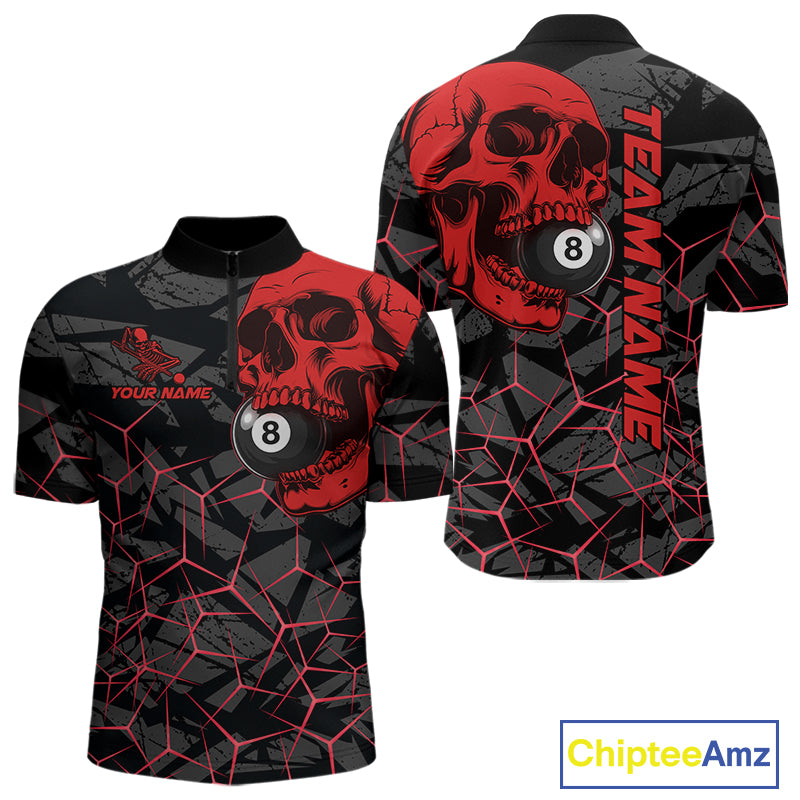 Men’s red skull 8 ball billiard quarter zip shirt designed for competitive pool matches.