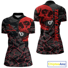 Load image into Gallery viewer, Women’s red skull 8 ball billiard quarter zip shirt designed for competitive pool matches.