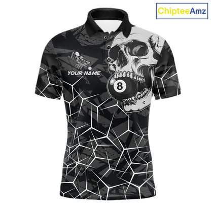 Men’s black and white 8 ball skull pool polo shirt with monochrome billiard team graphics.
