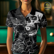 Load image into Gallery viewer, Woman wearing a black and white skull billiard jersey beside a pool table front view.