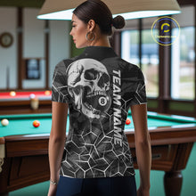 Load image into Gallery viewer, Back view of woman wearing a black and white pool team shirt in a billiards hall.