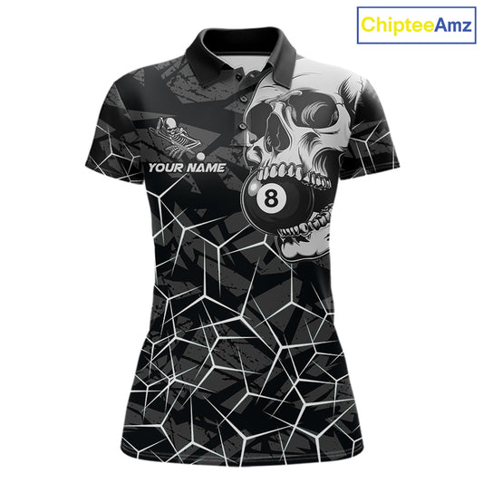 Women’s black and white 8 ball skull pool polo shirt with monochrome billiard team graphics.