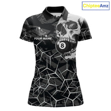 Load image into Gallery viewer, Women’s black and white 8 ball skull pool polo shirt with monochrome billiard team graphics.