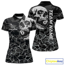 Load image into Gallery viewer, Women’s black and white 8 ball skull pool polo shirt with monochrome billiard team graphics.