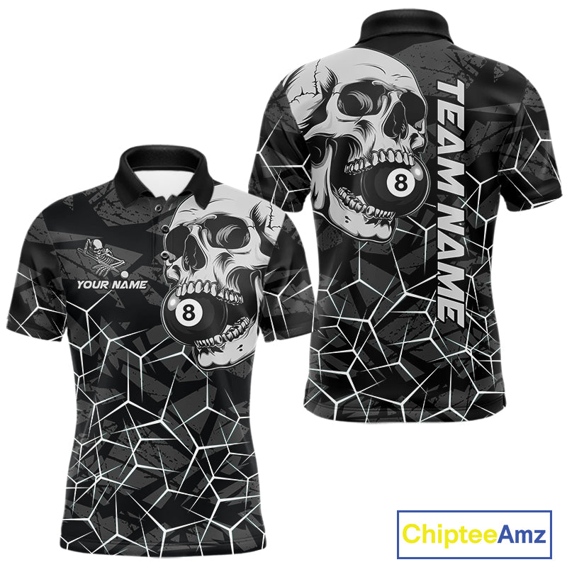 Men’s black and white 8 ball skull pool polo shirt with monochrome billiard team graphics.