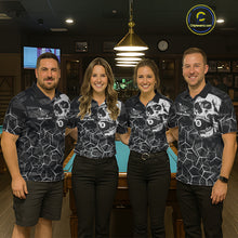 Load image into Gallery viewer, Pool team wearing matching black and white skull billiard jerseys during league play front view.