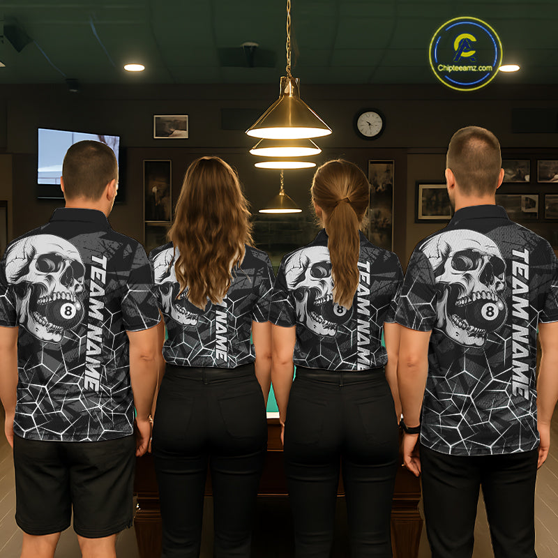 Back view of pool players wearing monochrome billiard shirts in a game room.