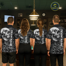 Load image into Gallery viewer, Back view of pool players wearing monochrome billiard shirts in a game room.