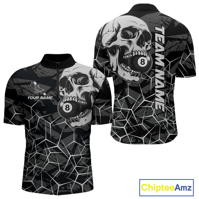 Men’s black and white skull billiard quarter zip shirt for league nights and tournament play.