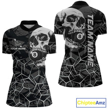 Load image into Gallery viewer, Women’s black and white skull billiard quarter zip shirt for league nights and tournament play.