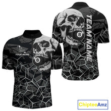 Load image into Gallery viewer, Men’s black and white skull billiard quarter zip shirt for league nights and tournament play.