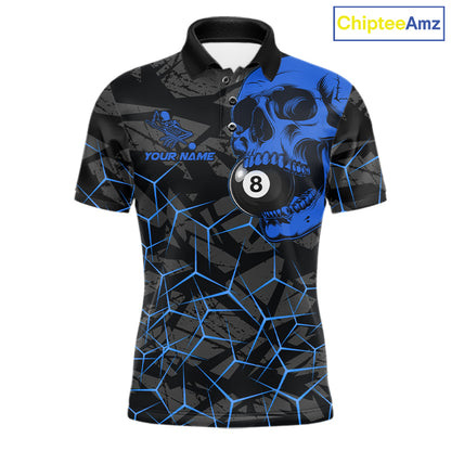 Men’s blue skull 8 ball pool polo shirt with bold billiard league graphics and team style.