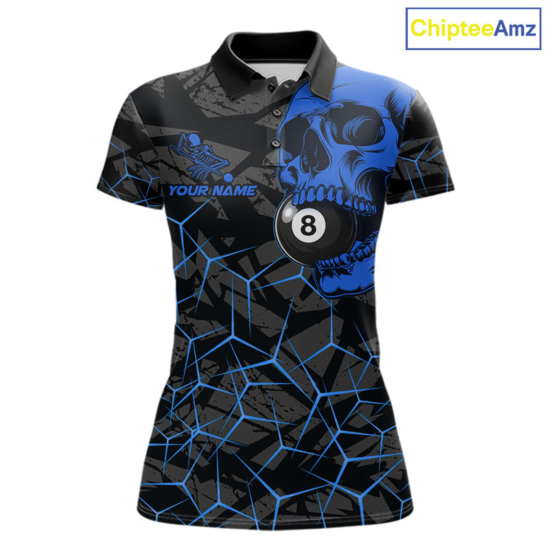 Women’s blue skull 8 ball pool polo shirt with bold billiard league graphics and team style.