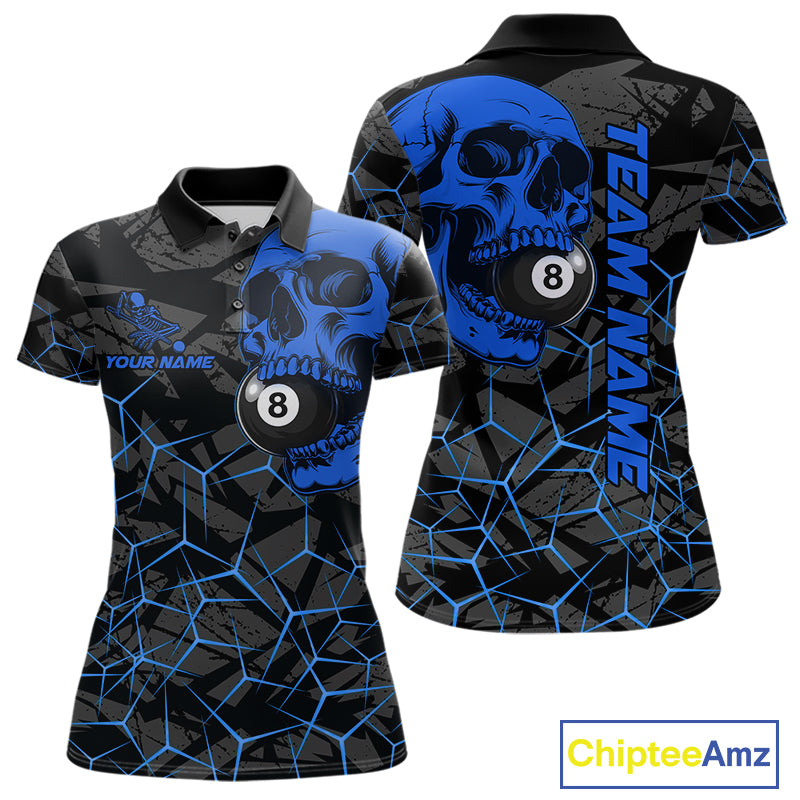 Women’s blue skull 8 ball pool polo shirt with bold billiard league graphics and team style.