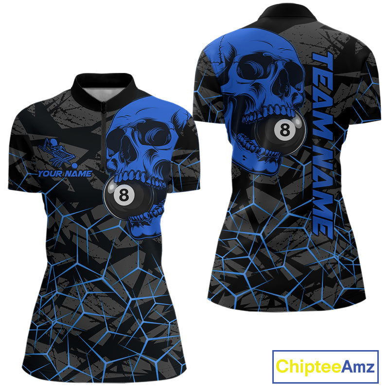 Women’s blue skull 8 ball billiard quarter zip shirt for tournaments and competitive matches.