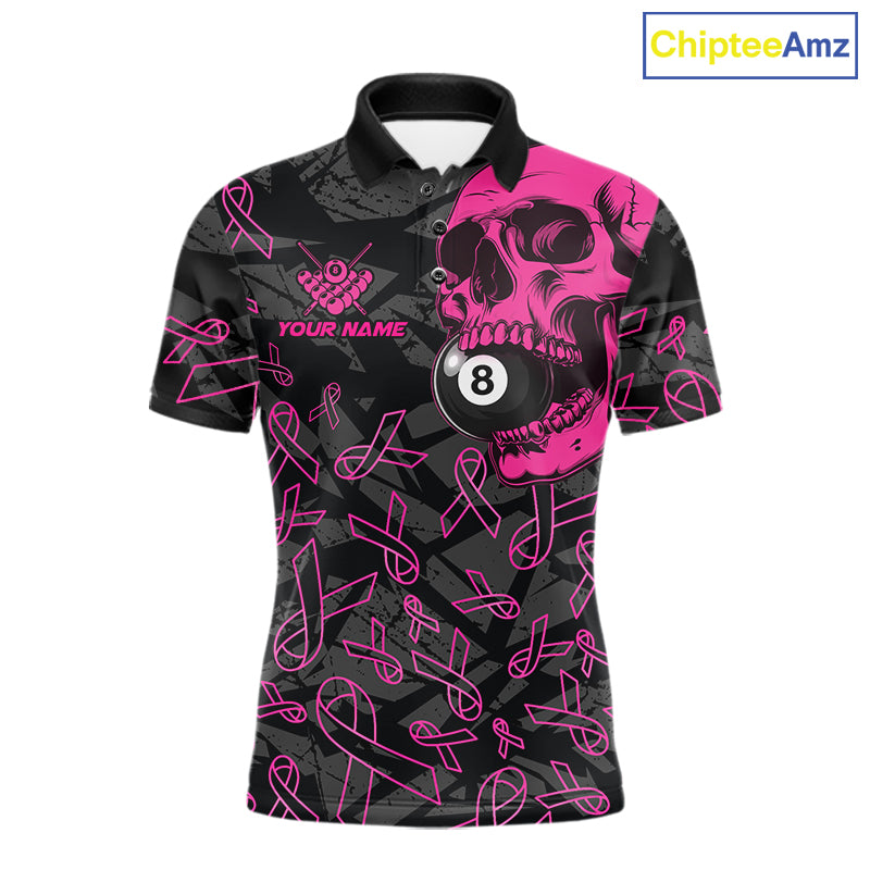 Men’s pink ribbon skull 8 ball pool polo shirt for breast cancer awareness events and league play.