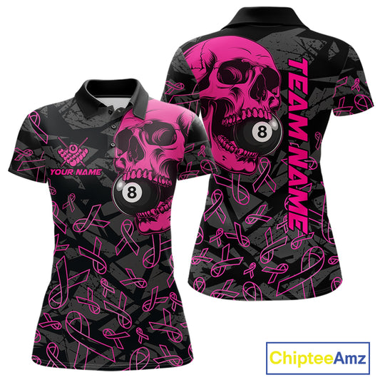 Women’s pink ribbon skull 8 ball pool polo shirt for breast cancer awareness events and league play.