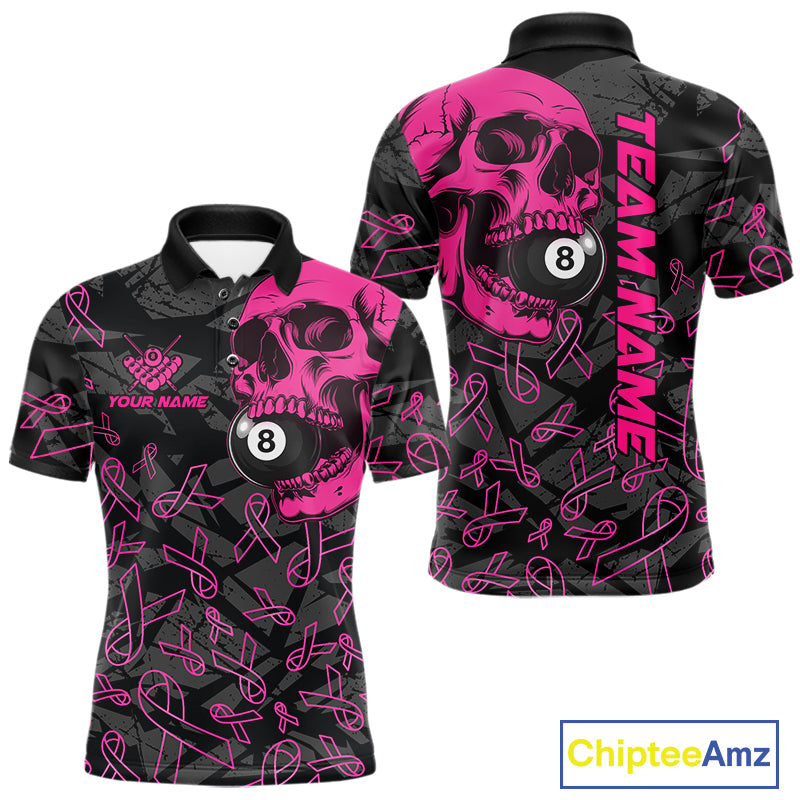 Men’s pink ribbon skull 8 ball pool polo shirt for breast cancer awareness events and league play.