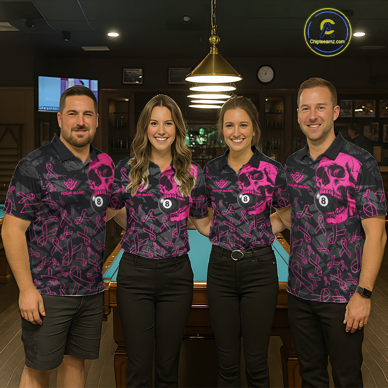 Pool team wearing matching pink ribbon skull billiard jerseys during league play front view.