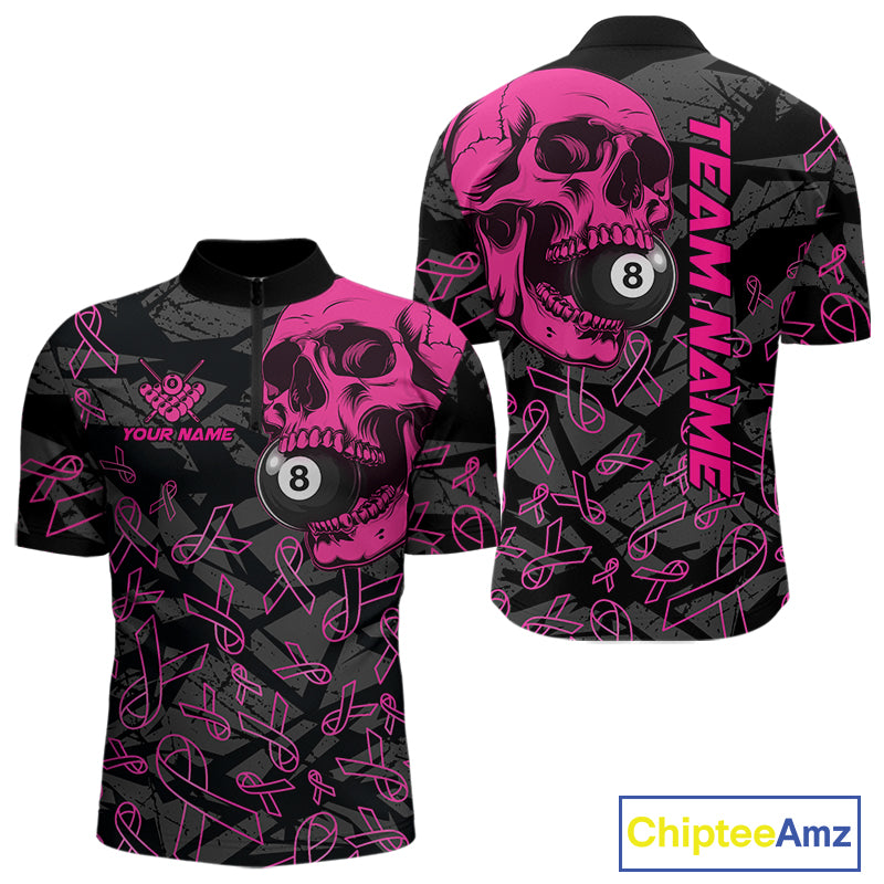 Men’s pink ribbon skull billiard quarter zip shirt designed for tournaments and awareness team matches.