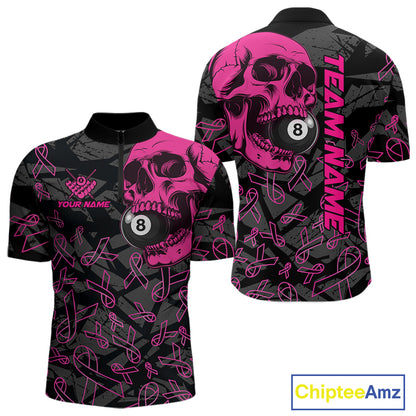 Men’s pink ribbon skull billiard quarter zip shirt designed for tournaments and awareness team matches.