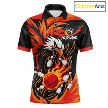 Load image into Gallery viewer, Black and orange flame eagle bowling polo shirt for men, custom bowling team jersey.