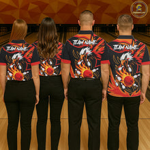 Load image into Gallery viewer, Bowling team wearing matching black and orange flame eagle jerseys back view.