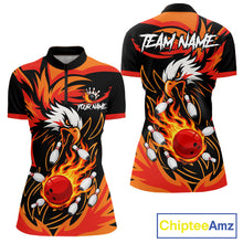 Load image into Gallery viewer, Black and orange flame eagle bowling quarter zip shirt for women.
