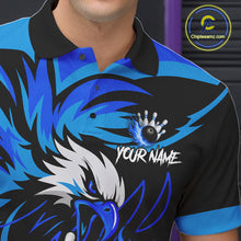 Load image into Gallery viewer, Close up of black and blue flame eagle bowling polo shirt collar, buttons and chest design.