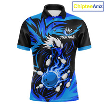 Load image into Gallery viewer, Black and blue flame eagle bowling polo shirt for men, custom bowling team jersey.