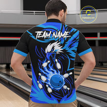 Load image into Gallery viewer, Man wearing black and blue flame eagle bowling quarter zip shirt back view.