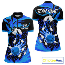 Load image into Gallery viewer, Black and blue flame eagle bowling quarter zip shirt for women.