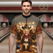 Load image into Gallery viewer, Man wearing funny cowboy bowling quarter zip shirt front view.