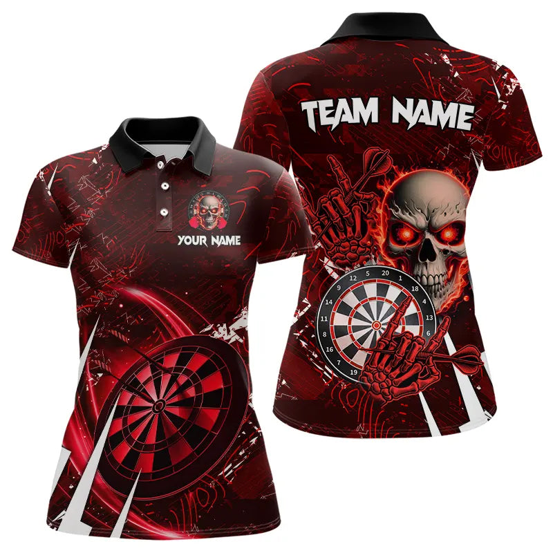 Personalized Red 3D Skull Darts Polo & 1/4 Zip Shirts For Women Custom Cool Darts League Team Jersey TDM3367