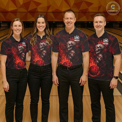 Red Flaming Skull Bowling Shirts For Women Custom Fire Bowling Team Jersey Polo & Quarter Zip TDM5617