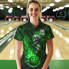 Load image into Gallery viewer, Green Flaming Skull Bowling Shirts For Women Custom Fire Bowling Team Jersey Polo &amp; Quarter Zip TDM5618
