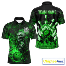 Load image into Gallery viewer, Green Flaming Skull Bowling Shirts For Men Custom Fire Bowling Team Jersey Polo &amp; Quarter Zip TDM5618