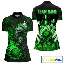 Load image into Gallery viewer, Green Flaming Skull Bowling Shirts For Women Custom Fire Bowling Team Jersey Polo &amp; Quarter Zip TDM5618
